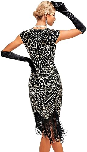 Womens Flapper Dress w/Cap Sleeves Art Deco Sequin Beaded Fringe 1920s Great Gatsby Party Dress w/Accessories Set Black Gold