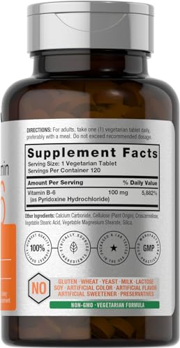 Horbäach Vitamin B-6 100mg | 120 Vegetarian Tablets | Pyridoxine HCl | Vegetarian, Non-GMO & Gluten Free Supplement