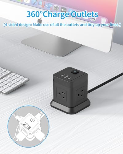 Power Strip with USB, FDTEK Flat Plug Extension Cord with 4 AC and 3 USB, 5 FT Power Cord Desktop Charging Station, Overload Protection, Compact Portable for Travel Home Office Cruise Ship - Black