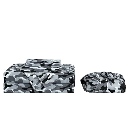 Chezmoi Collection Military Camo 3-Piece Sheet Set - Camouflage Black Gray Printed Microfiber Soft Breathable Deep Pocket Sheets and Pillowcases Set, Twin Size