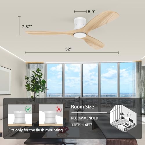 Livory Smart 52” Wood Flush Mount Ceiling Fans with Lights and Remote,Quiet DC Motor,Outdoor Indoor Ultra Low Profile Ceiling Fan works with Alexa WIFI APP,Modern White Ceiling Fan for Bedroom Patio