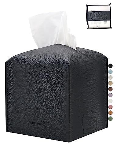 PENGLONG Tissue Box Cover 5X5X5'' PU Leather Tissue Holder Square Tissue Cube Box Organizer for Bathroom Vanity Countertop, Car, Night Stands, Office, Home, Kitchen (1Pack, Black)