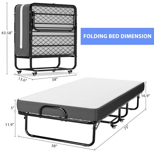 DICTAC Folding Bed with Mattress 75 x 38 Twin Size Bed Frame Portable Foldable Guest Bed for Adults Rollaway Bed with Wheels Fold up Bed for Easy Storage and Move- 5'' Luxurious Memory Foam Mattress