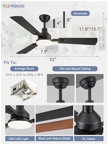 ZMISHIBO 52 Inch Ceiling Fan with Light, 3 Blade LED Ceiling Fans with Remote, Quiet Reversible DC Motor, Dual Finish Blades, Farmhouse Ceiling Fans for Indoor&Outdoor, Bedroom, Kitchen