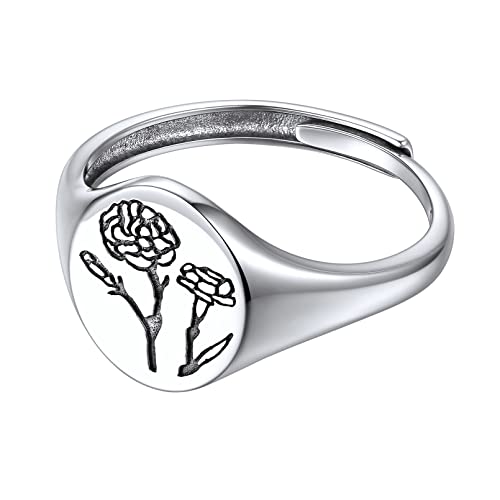 ChicSilver December Birth Flower Ring 925 Sterling Silver Handmade Daffodil Signet Ring Adjustable Dainty Engraved Floral Statement Ring Personalized Jewelry Birthday Gift for Women