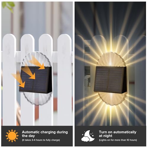 Cubetoou Solar Deck Post Outdoor Lights, 4 Pack Fence Solar Lights, Solar Fence Lights Outdoor Waterproof Led for Garden, Yard, Outdoor, Patio Decor, Warm White