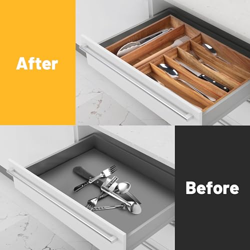 oridom Expandable Acacia Kitchen Drawer Organizer for Cutlery and Utensils, Adjustable Acacia Wood Cutlery Tray in Drawer for Flatware and Silverware in Kitchen, (Acacia)