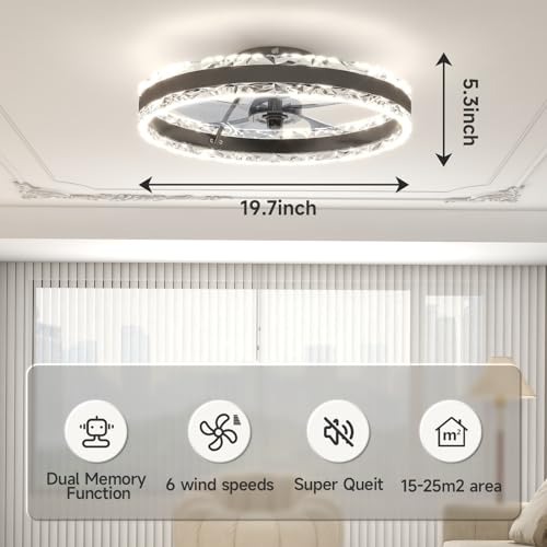 VOLISUN Low Profile Ceiling Fans with Light and Remote, 19.7in Fandelier Ceiling Fan with Light, 3000K-6500K Dimmable Flush Mount LED Ceiling Fan Light, White Modern Ceiling Fan Light for Bedroom