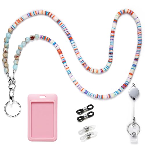 Sruchy Lanyards for ID Badges, Natural Stone Beaded Crystal Lanyards for Keys, Fashion Glasses Chain Strap with Heavy Duty Badge Reels, Cute Teacher Neck Lanyard for Women