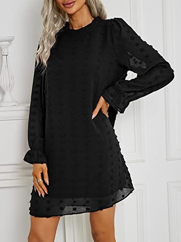 Adibosy Women Dress Long Sleeve: Flowy Wedding Guest Casual Mini Dresses for Womens Swiss Dot Chiffon Short Dress Black S