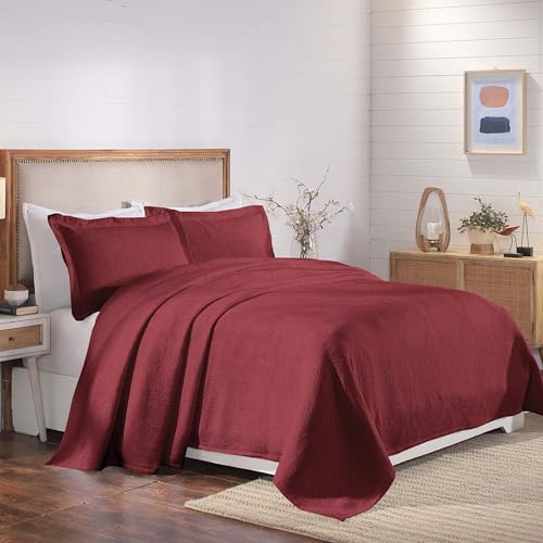 Superior Cotton 2-Piece Bedspread Set, Home Bed Decor, Warm Bedding, 1 Oversized Bedspread, 1 Pillow Sham, Medium Weight Blanket, Medallion Scroll, Matelasse Woven, Victory Collection, Twin, Garnet