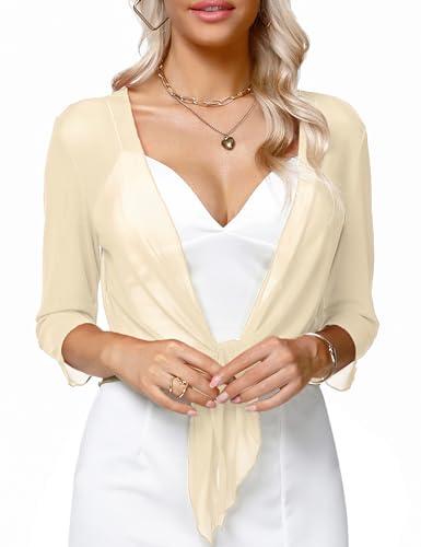 Aiboria Womens 3/4 Sleeve Sheer Shrugs Tie Front Bolero Cropped Cardigan Short Shawl Tops Green Medium