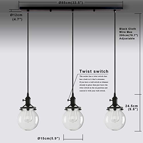 PERMO Vintage Rustic Industrial 3-Lights Kitchen Island Chandelier Triple 3 Heads Pendant Hanging Ceiling Lighting Fixture with Mini 5.9" Round Clear Glass Globe Shade (Black)