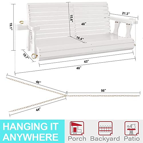 4FT Wooden Porch Swing w/Cupholders,Heavy Duty 800LBS Outdoor Swing Bench w/Chains,Patio Roll Back Swing Chair Bench,Front Porch 2-Person Hanging Bench,for Garden Courtyard Lawn & Balcony