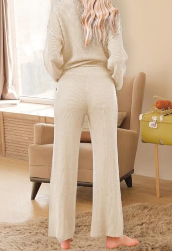 Pink Queen Women's 2 Piece Outfit Set V Neck Puff Sleeve Button Pullover Sweater Top Wide Leg Pants Sweatsuits Khaki L