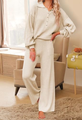Pink Queen Women's 2 Piece Outfit Set V Neck Puff Sleeve Button Pullover Sweater Top Wide Leg Pants Sweatsuits Khaki L