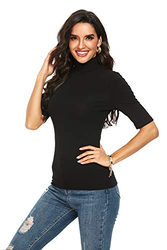 M T 4 YOU Womens Short Sleeve Mock Turtleneck Business Casual Tops Slim Fitted Plain Tee Shirts Size S-XL