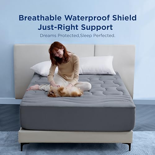Bedsure Twin Mattress Pad Waterproof - Thick Quilted Fitted Mattress Protector with 8-21" Deep Pocket, Soft Mattress Topper for Twin Size Bed, Breathable Mattress Cover Padded, 39x75 Inches, Grey
