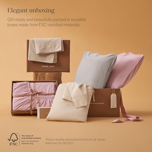Double Stitch 100% Organic Cotton Sheet Set Queen - 300 TC Luxury Hotel Sateen Weave, GOTS Certified Long Staple Cotton, Made in India, 1 Fitted Sheet, 1 Flat Sheet, 2 Pillowcases, Blush Pink