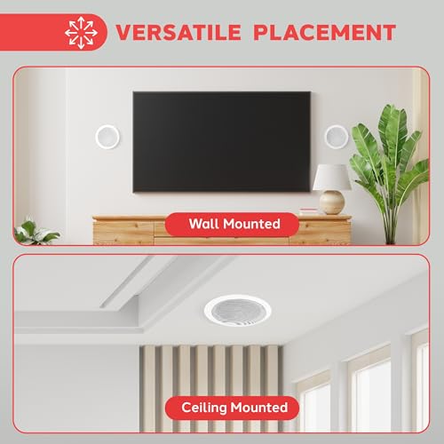 Pyle 6.5” 70v Ceiling Mount Speakers-Pair of 2-Way Midbass Woofer Speaker Transformer 1” Titanium Dome Tweeter Wall Flush Design w/ 65Hz-22kHz Frequency Response&250 Watts Peak-Pyle PDIC60T,White