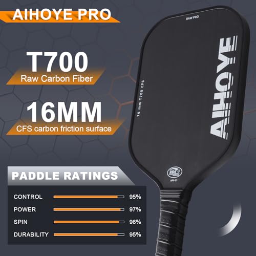 Aihoye PRO Pickleball Paddles- Raw T700 Carbon Fiber Textured Surface (CFS) with High Grit & Spin, Pickleball Paddles with 16MM Polypropylene Honeycomb Core, USAPA Approved