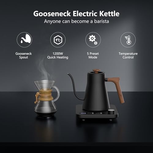 Gooseneck Electric Kettle - 1200W Quick Boil, Temp Control with 5 Presets & ±5℉ Adjustment, Accurate Pouring, 24oz Small Pour Over Coffee & Tea Kettle, 2H Auto Keep Warm, Stainless Steel, Black