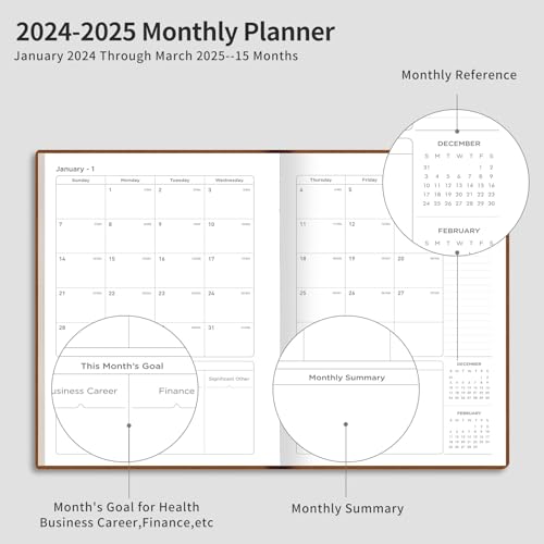 RETTACY 2024 Planner - Calendar 2024 Planner, Planner 2024-2025 Daily Weekly and Monthly, Jan 2024 - Mar 2025, 100 GSM Premium Acid-Free Paper, Leather Softcover, 8.5" × 11" (Black)