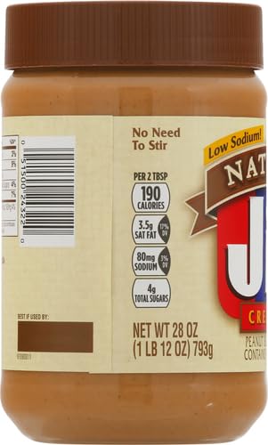 Jif Natural Creamy Peanut Butter Spread, 28 Ounces, Contains 90% Peanuts