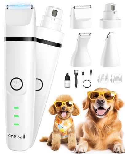oneisall Paw Trimmer for Small Dogs Quiet, 4 in 1 Small Dog Grooming Kit, 2 Speed Dog Grooming Kit for Small Dogs, Cordless Small Dog Clippers, Quiet Dog Nail Grinder for Small Dogs(White)