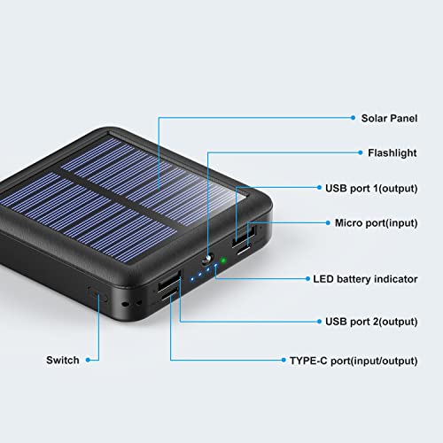 Kelaien Solar Power Bank 12000mAh,Small Solar Charger Built in 4 Cables,USB C Input/Output,Dual Flashlight External Battery Portable Charger Power Bank for iPhone,Tablet,Samsung