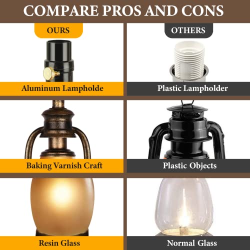 Hamucd Rustic Table Lamps for Living Room Single Lantern Bedside Lamps with Oatmeal Tapered Drum Shades for End Table Bedroom Nightstand Hotel with 2 USB Ports and One AC Outlet