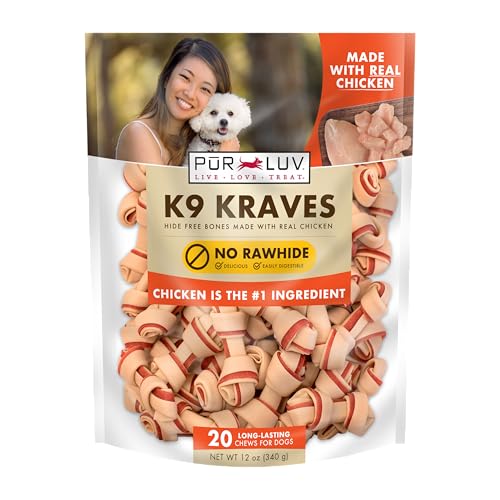 Pur Luv Dog Treats, K9 Kraves Rawhide Free Bone Dog Treat, Chicken Flavor, Made with Real Chicken, 20 Count, Healthy, Easily Digestible, Long-Lasting, High Protein, Satisfies Dog's Urge to Chew