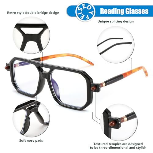 FEISEDY Reading Glasses Vintage Square Blue Light Blocking Glasses Women Men 70s Flat Aviator Glasses B0090 Black 1.0x