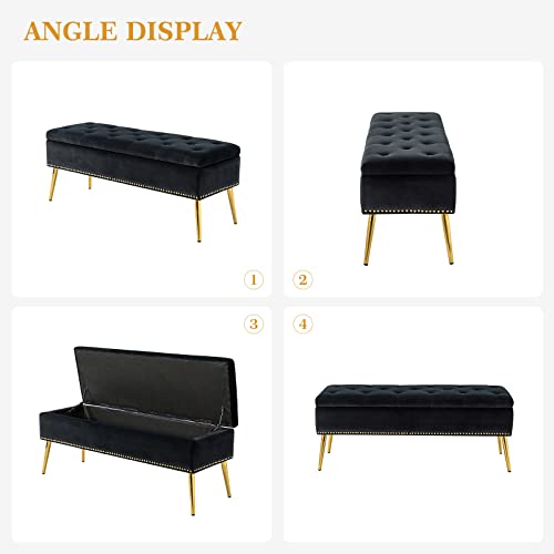 HULALA HOME Modern Velvet Storage Ottoman Bench with Gold Base & Nailhead Trim, Upholstered Bedroom Bench for End of Bed, Button-Tufted Footstool for Entryway Living Room Dining Room, Black
