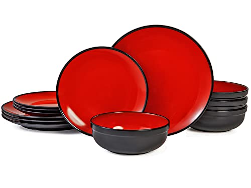 TP 12-Piece Dinnerware Set, Melamine Dishes Set with Bowls and Plates, Non-breakable Lightweight Dinner Service for 4, Red & Black