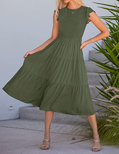 MEROKEETY Women's Flutter Short Sleeve Smocked Midi Dress Summer Casual Tiered A-Line Dress,ArmyGreen,M