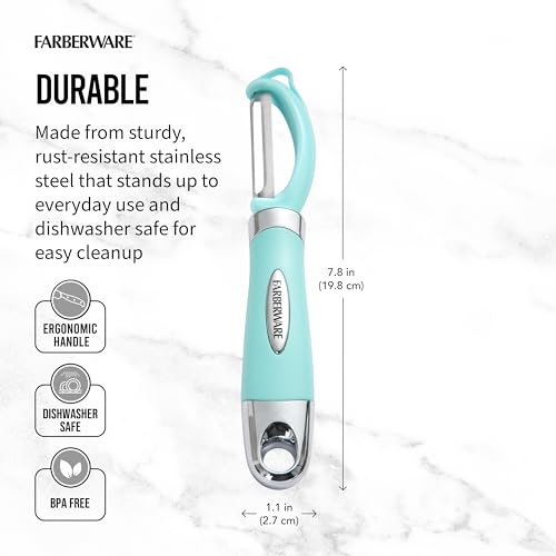 Farberware Euro Peeler, a Kitchen Essential for Quick and Easy Peeling of Produce, Chocolate, Cheeses and More, Features Hang-Hole for Easy Storage, Dishwasher Safe, Aqua Sky