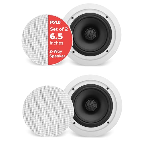 Pyle 6.5” 70v Ceiling Mount Speakers-Pair of 2-Way Midbass Woofer Speaker Transformer 1” Titanium Dome Tweeter Wall Flush Design w/ 65Hz-22kHz Frequency Response&250 Watts Peak-Pyle PDIC60T,White