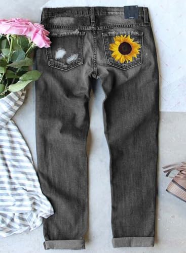Astylish Women Floral Ripped Patchwork High Rise Washed Jeans Boyfriend Distressed Denim Pants Black Medium