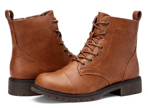 Vepose Women's 910 Ankle Boots, Low Heel Lace up Fashion Combat Booties, Cognac/Red Brown, Size 11 US(CJY910 Cognac 11)