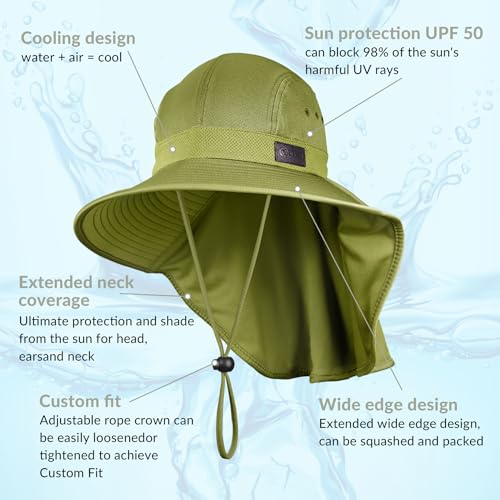 Sukeen Cooling Sun Hat for Men Women UPF50+ Wide Brim Fishing Hat with Neck Flap Adjustable Foldable Bucket Hat for Hiking Army Green