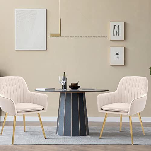CangLong Dining Chairs Set of 2, Mid Century Modern Dining Room Chairs, Upholstered Velvet Dining Chair with Metal Legs, Vanity Chairs, Accent Chair for Kitchen, Living & Dining Room, Beige