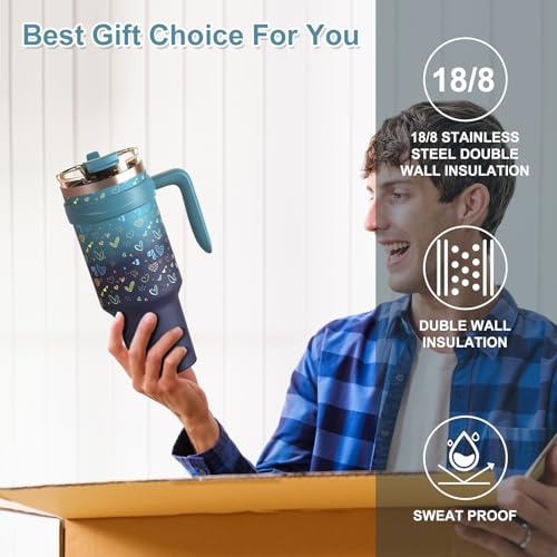 Hydraful Insulated 46oz Tumbler with Handle and Straw Lid - 100% Leak-Proof - Cupholder Friendly Travel Mug - Reusable Stainless Steel Insulated Cup with lid and straw - Ideal Gift for Friends