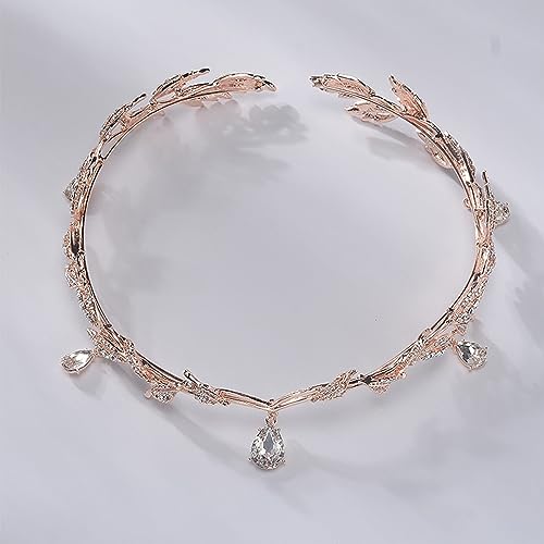 MR Crystal Leaf Wedding Tiara for Bride, Bridal Forehead Diadem Headband, Gold Costume Party Crown Headpiece Festival Holloween Hair Accessories for Women