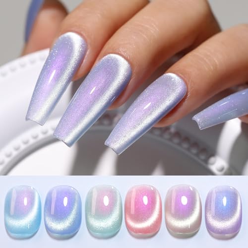 Double Rhythm Cat Eye Gel Nail Polish Set of 6 Colors Shimmer Glitter with Magnet 9D Holographic Reflective Magnetic Nail Polish (Purple Orange Blue Green Pink-Kit 33)