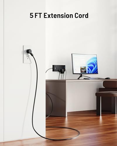 Surge Protector Power Strip 4800J - LeZone Flat Plug Extension Cord 5Ft, 12 Outlets 2 USB C 2 USB Ports, Wall Mountable, 20W Desk Charging Station, Black