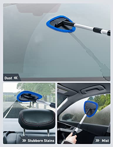 AstroAI Windshield Cleaning Tool, Car Window Cleaner Windshield Cleaner with 8 Reusable and Washable Microfiber Pads and Extendable Handle Auto Inside Glass Wiper Kit, Blue, 2 Pack