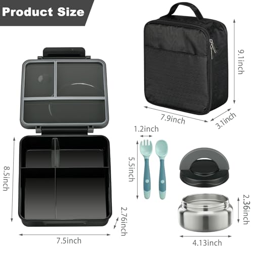 Bento Lunch Box Set for Kids with 8oz Soup Thermo, Leak-Proof Lunch Containers with 4 Compartment, Kids Thermo Hot Food Jar and Insulated Lunch Bag for Kids to School-Black