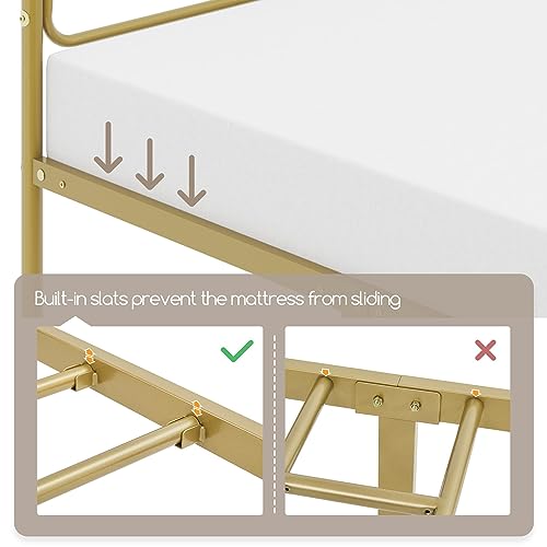 Yaheetech Twin Bed Frame Metal Platform Bed with Geometric Patterned Headboard, Mattress Foundation with Under Bed Storage/Sturdy Slat Support, No Box Spring Needed, Antique Gold