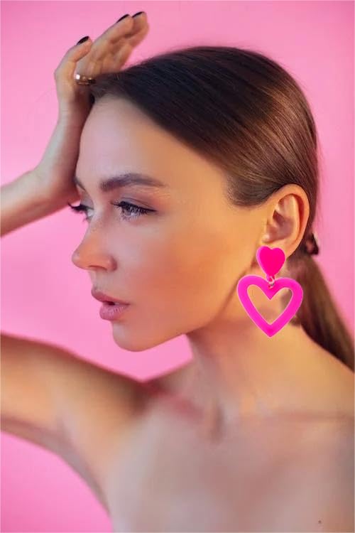 Pink Heart Dangle Earrings for Women, Vibrant Pink Party Earrings Cute Acrylic Love Heart Stud Earrings Valentine's Day Earrings Gift for Lover Wife (Corol)
